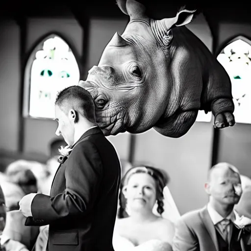 Image similar to a rhinoceros wearing a tiny suit in a wedding chapel, photo realistic, black and white, detailed, cinematic lighting