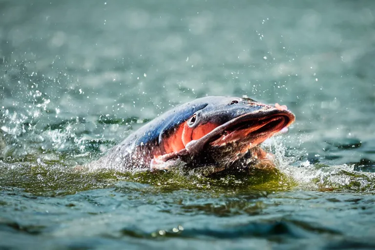 Image similar to a close - up photograph of a salmon with it's mouth open jumping out of the water. national geographic, fast shutter speed, 5 0 mm