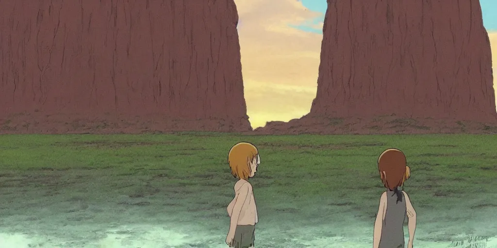 Image similar to a realistic cell - shaded studio ghibli concept art from paprika ( 2 0 0 6 ) of a hairless ape from close encounters of the third kind ( 1 9 7 7 ) in a flooded monument valley easter island. very dull colors, wide shot, hd, 4 k, hq