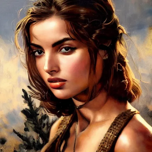 Image similar to ultra realistic portrait painting of ana de armas as a western outlaw, art by frank frazetta, 4 k, ultra realistic, highly detailed, epic lighting