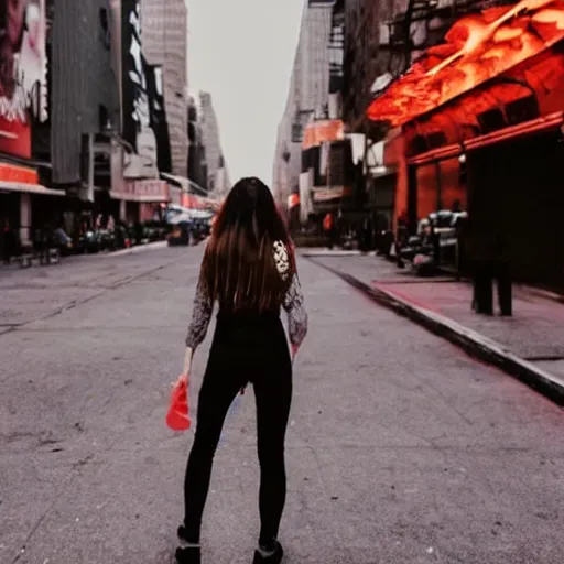 Prompt: a brunette girl, in her twenties, very long hair, dressed casually, walking from behind in the streets of new york, city lights, smoke, cinematic