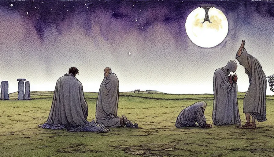 Image similar to a realistic and atmospheric watercolour fantasy concept art of a shiny metallic ufo landing in a large stonehenge. medieval monk in grey robes on his knees praying. a crescent moon in the sky. muted colors. by rebecca guay, michael kaluta, charles vess and jean moebius giraud