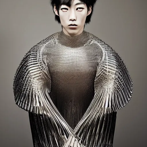 Prompt: a beautiful young japanese male wearing iris van herpen couture, photographed by erwin olaf