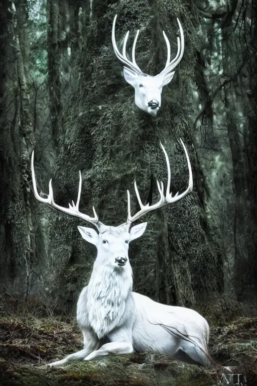 Image similar to king of the forest, a white stag, beautiful, fantasy, hyper realistic, dramatic lighting, 8k