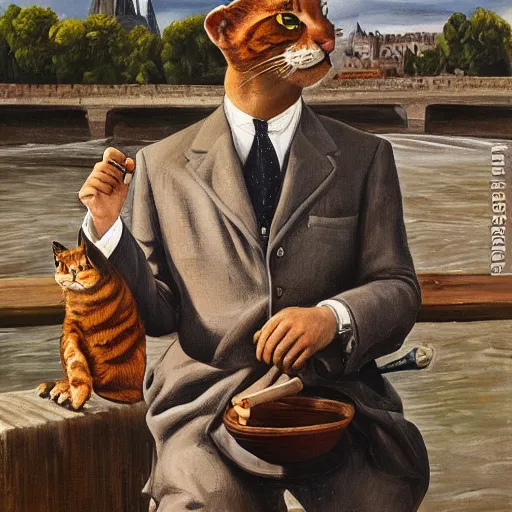 Prompt: high quality high detail painting by lucian freud, hd, ewan mcgregor painting a canvas on easel by river seine dressed as a gentleman in paris at early 2 0 th century. brown cat with him