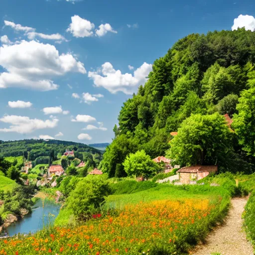 Prompt: dordogne typical landscape, little houses on the hills in the background, summer, river, ultra detailed, ultra sharp, award winning. 8 k, flowers, trees, fluffy clouds.