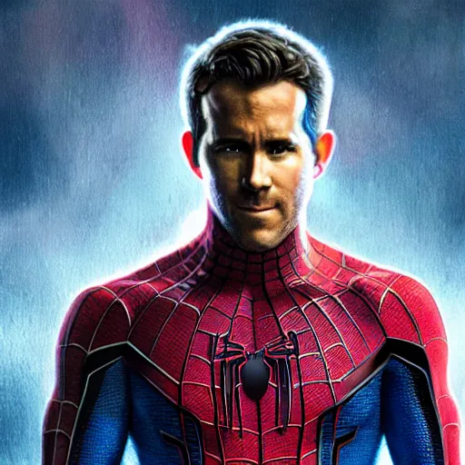 Image similar to ryan reynolds as spider - man, wearing a black and blue suit, cinematic, volumetric lighting, f 8 aperture, cinematic eastman 5 3 8 4 film, photorealistic by greg rutkowski, by stanley artgerm, by alphonse mucha