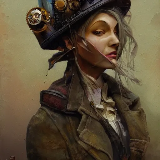 Image similar to a painting of a steampunk female character by gediminas pranckevicius and seb mckinnon, artstation, impressionism, acrylic art, dye - transfer, speedpaiting, oil on canvas