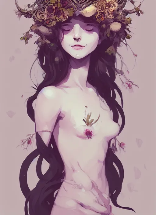 Image similar to portrait of cute nymph girl with crown of flowers with celtic tattoos, fantasy, by atey ghailan, by greg rutkowski, by greg tocchini, by james gilleard, by joe gb fenton, by in kaethe butcher, dynamic lighting, gradient light blue, brown, blonde cream and white color in scheme, grunge aesthetic