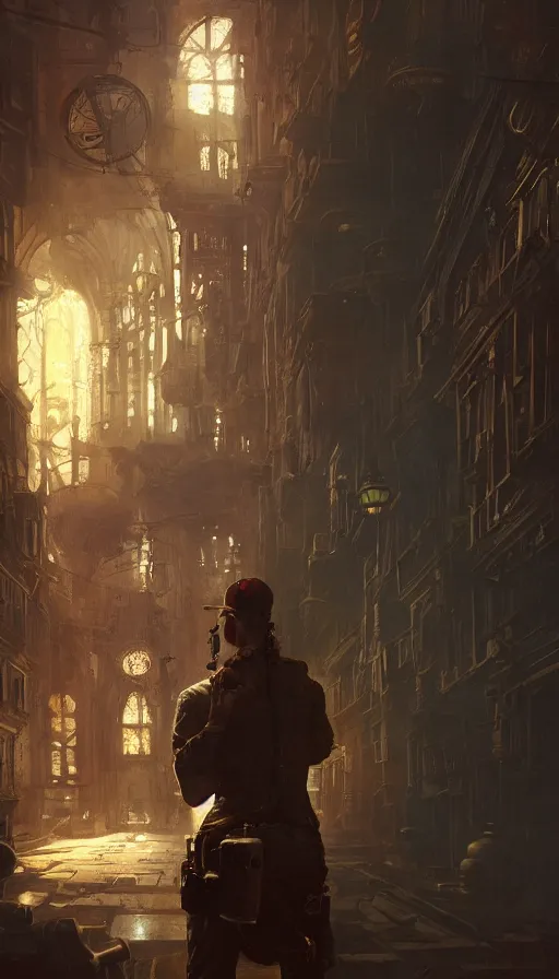 Image similar to hyper realistic photographer looking through camera towards viewer, magical, steampunk, painted by mike mignola, craig mullins, j. c. 8 k