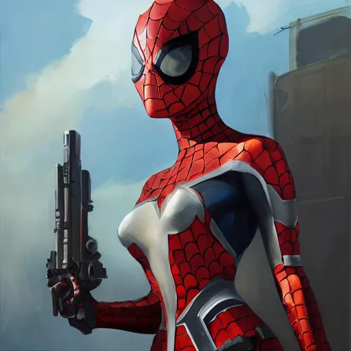 Image similar to greg manchess portrait painting of partially armored female iron spiderman as overwatch character, medium shot, asymmetrical, profile picture, organic painting, sunny day, matte painting, bold shapes, hard edges, street art, trending on artstation, by huang guangjian, gil elvgren, ruan jia, greg rutkowski, gaston bussiere