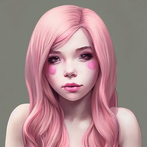 Image similar to belle delphine with pastel pink hair and shiny brown eyes, elegant, ultra highly detailed, digital painting, smooth, sharp focus, artstation, art by Ilya Kuvshinov