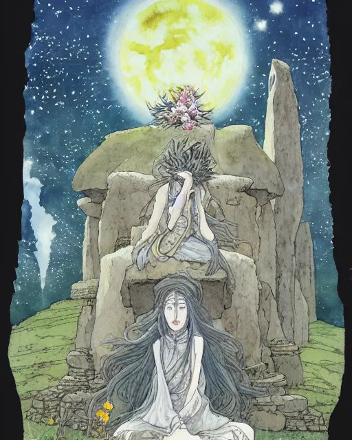 Prompt: a hyperrealist studio ghibli watercolor fantasy concept art of a giant long haired grey witch in lotus position sitting on top of stonehenge with a starry sky in the background. a group of tiny monks are prostrating them themselves. by rebecca guay, michael kaluta, charles vess