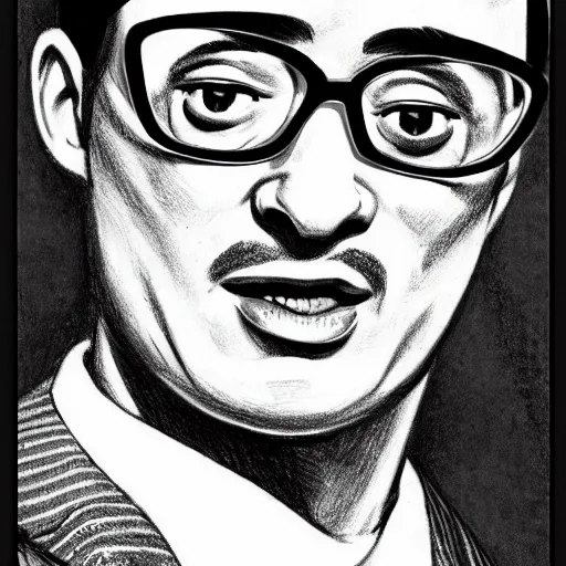 Image similar to A 1950s Style Comic-Like Drawing of Filthy Frank, grainy, realistic, hyperrealistic, very realistic, very very realistic, highly detailed, very detailed, extremely detailed, detailed, digital art, trending on artstation, detailed face, very detailed face, very detailed face, realism, HD Quality, 8k resolution, intricate details, body and head in frame, drawing, inked drawing, comic drawing, neat drawing, 1950s, 50s, in the style of Frank Hampson, in the style of Frank Bellamy, in the style of Dave Gibbons, in the style of Don Lawrence, in the style of Wally Wood