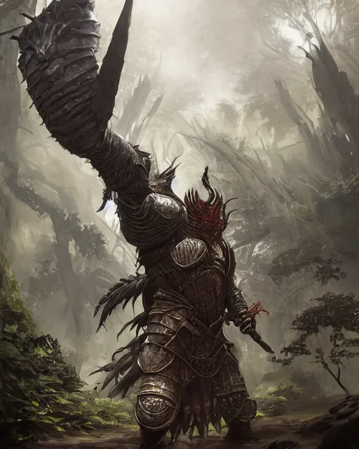 Image similar to Huge komodo warrior in armor, portrait, woodlands, magic the gathering artwork, D&D, fantasy, cinematic lighting, centered, symmetrical, highly detailed, digital painting, artstation, concept art, smooth, sharp focus, illustration, volumetric lighting, epic Composition, 8k, art by Akihiko Yoshida and Greg Rutkowski and Craig Mullins, oil painting, cgsociety