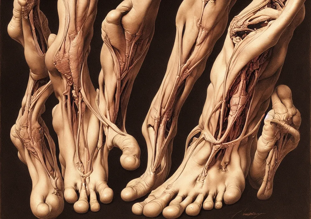 Image similar to human foot artists anatomy in the style of wayne barlowe, gustav moreau, goward, bussiere, roberto ferri, santiago caruso, luis ricardo falero, dali