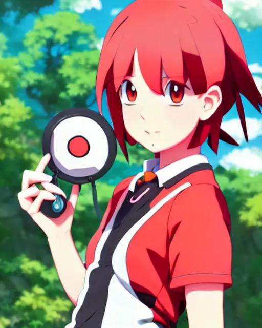 portrait of cute pokemon trainer girl with vibrant red, Stable Diffusion