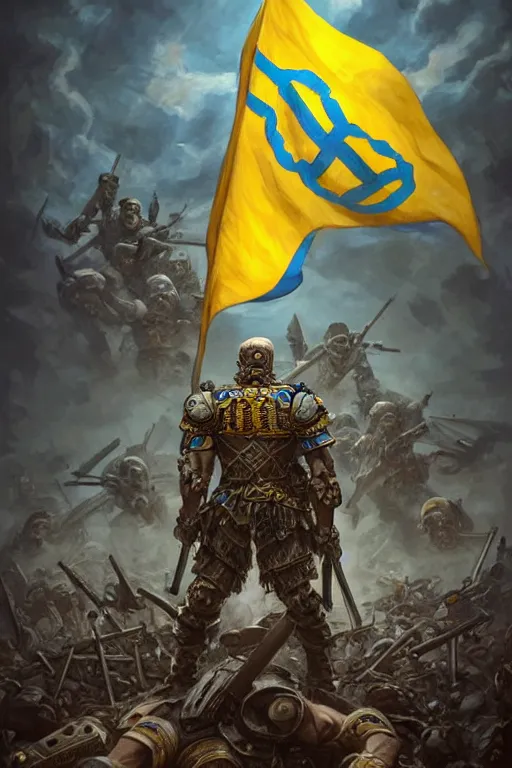 Image similar to a distant shot from behind of a Ukrainian super soldier with blue and yellow flag behind him standing alone on a huge pile of skulls as a winner, masculine muscular figure, D&D, fantasy, intricate, elegant, highly detailed, extremely detailed, digital painting, artstation, concept art, matte, sharp focus, symmetrical, illustration, art by Artgerm and Greg Rutkowski and Alphonse Mucha