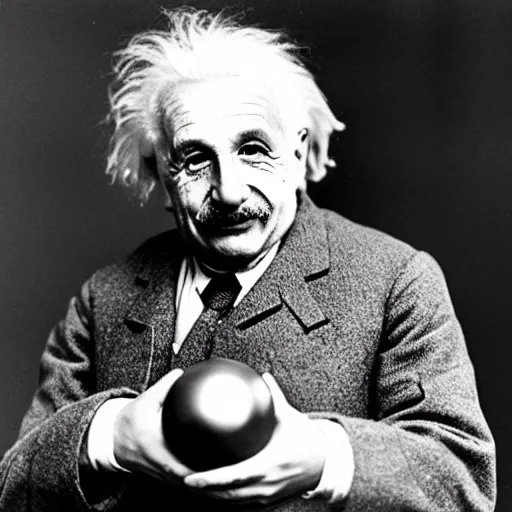 Prompt: einstein holding ( model of atom with metallic spheres ) in his hands, color