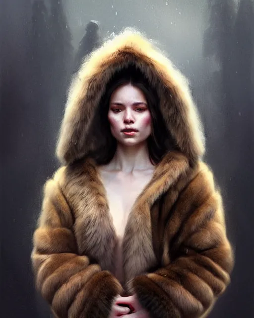 Prompt: a beautiful siberian girl with bear fur coat and decollete | | realistic shaded, unpleasant face, bad looking, fine details, realistic shaded lighting poster by greg rutkowski, magali villeneuve, artgerm, jeremy lipkin and michael garmash and rob rey