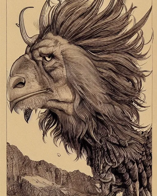 Image similar to a creature with the body and eyes of a man, with the beak of an eagle, the mane of a lion, and the horn of a bull. drawn by moebius