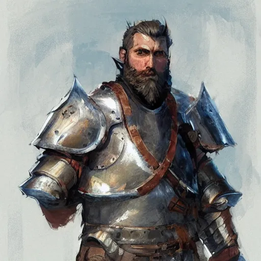 Prompt: a rustic man wearing medieval armor, bearded, by krenz cushart