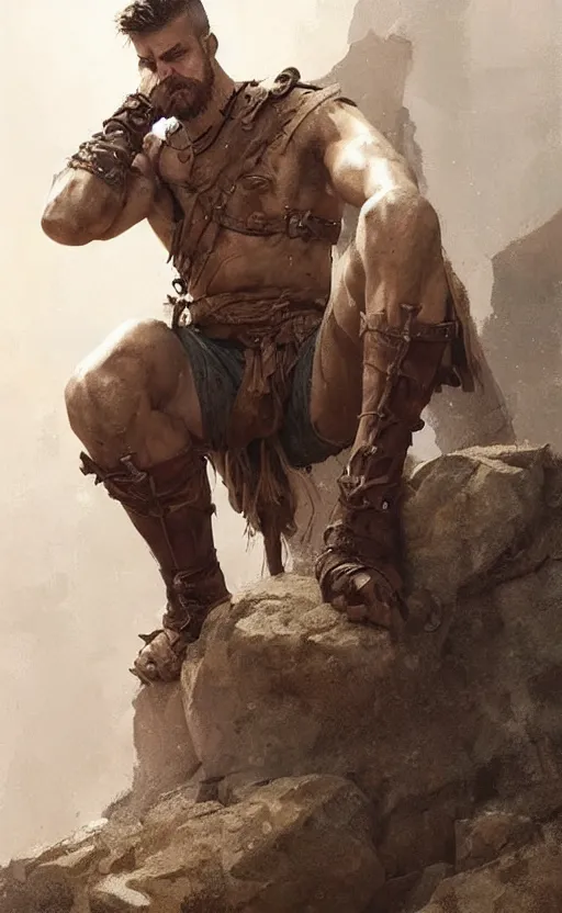 Image similar to Portrait of a rugged ranger sitting down, male, muscular, straight nose!!!, detailed face, handsome face, bare thighs!!!, simple clothing!!!!!, fantasy, medieval, highly detailed, cinematic lighting, digital art painting by greg rutkowski