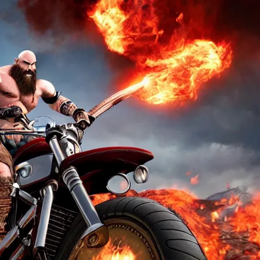 Prompt: kratos, with leviathan axe, jumping a black harley - davidson motorcycle off a cliff, cinematic render, playstation studios official media, god of war 2 0 1 8, flames, centered