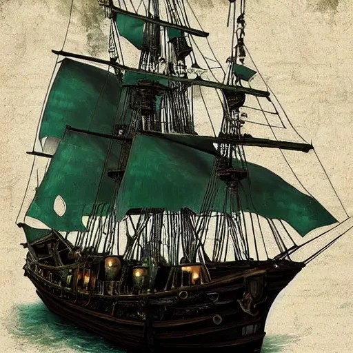 Image similar to pirate ship galleon dark green hull, pitch black sails, beautiful photorealistic painting