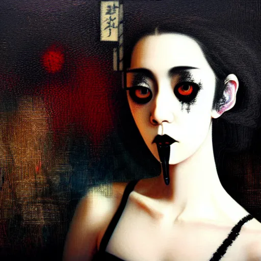 Image similar to yoshitaka amano blurred and dreamy realistic three quarter angle portrait of a young woman with black lipstick and black eyes wearing dress suit with tie, junji ito abstract patterns in the background, satoshi kon anime, noisy film grain effect, highly detailed, renaissance oil painting, weird portrait angle, blurred lost edges