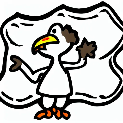 Prompt: clipart of an anthropomorphized hen with a worried expression, wearing an apron, pointing to the kitchen sink