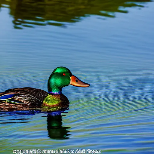 Image similar to a colorful iridescent mallard floating on a lake in the foothills of mount saint helens crater in the distance