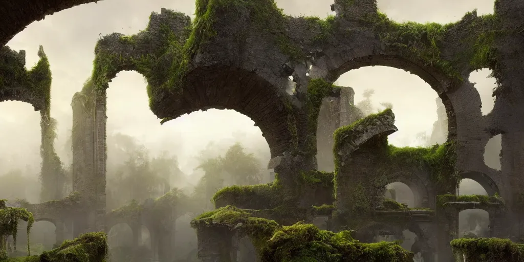 Prompt: a beautiful hyper realistic detailed matte painting of ruins of ancient ruins, lost arc, overgrown by moss, dramatic lighing,underexposed, overcast, fog, by Quentin Mabille and Moebius and Andreas Rocha and Raphael Lacoste, unreal engine, trending on artstation