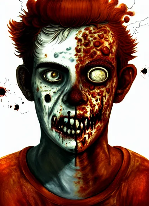 Image similar to portrait of zombie teenage archie andrews, red hair, curly hair, curly middle part, freckles, photorealistic, zombie, rotting skin, blind eyes, white eyes, zombie, intricate, elegant, orange, glowing lights, highly detailed, digital painting, artstation, concept art, sharp focus, illustration, art by wlop, mars ravelo and greg rutkowski