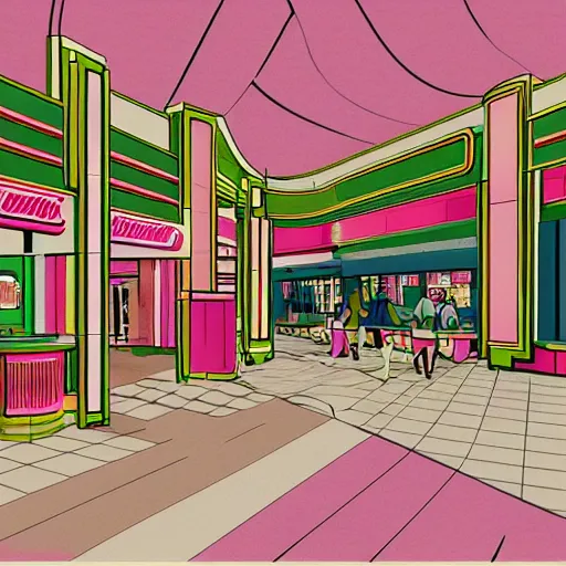 Image similar to art deco illustration of a mall food court in pastel colors