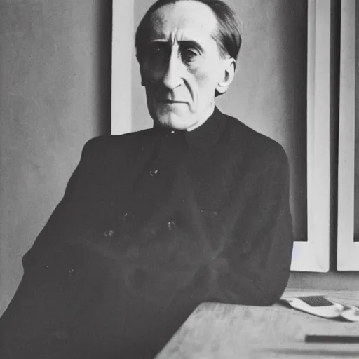 Prompt: underexposed photo of Marcel Duchamp in a room with an ancient machine, Kodachrome, Edward Weston and Gustave Doré, in the style of Hito Steyerl, archival pigment print, contemporary art