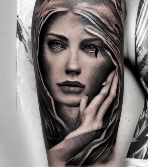 Prompt: a beautiful girl faded in a mountain background, realism tattoo, in the style of den yakovlev, black and white, hyper realistic, highly detailed