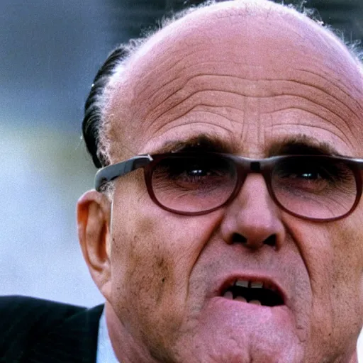 Prompt: a wide shot establishing shot semi symmetrical photograph of rudy giuliani with his tongue out very sweaty wearing speedos watching the World Trade Centers collapsing on 9/11/01 september 11th