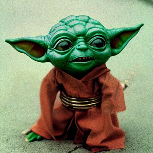 Image similar to Yoda wearing Leia's metalic slave bikini