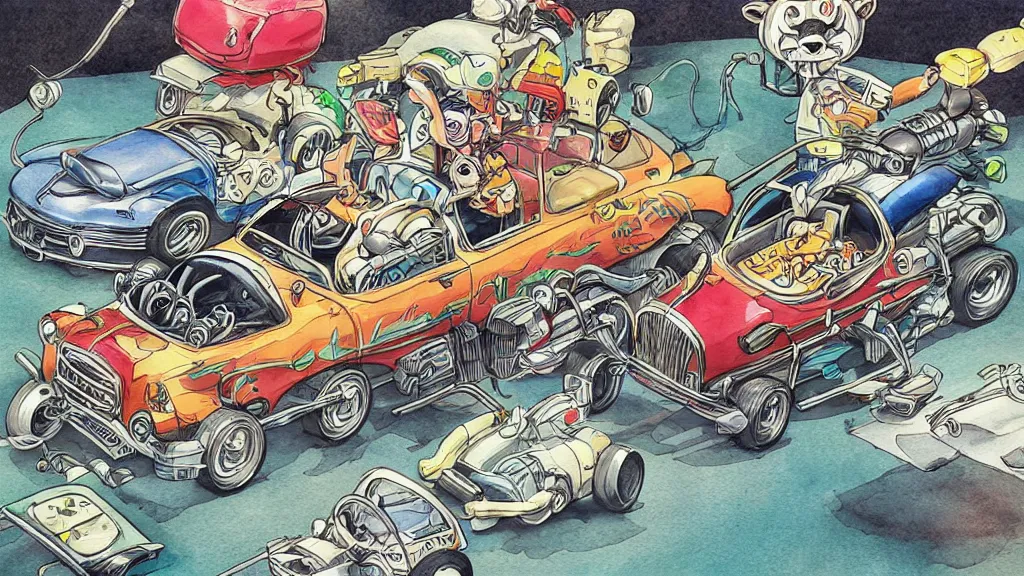 Image similar to cute and funny, racoon riding in a tiny hot rod coupe with oversized engine, ratfink style by ed roth, centered award winning watercolor pen illustration, isometric illustration by chihiro iwasaki, edited by range murata