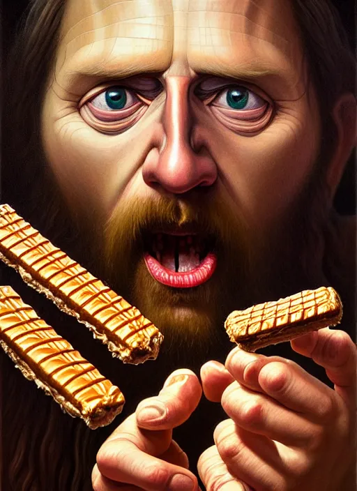 Image similar to hyper detailed 3d render like an Oil painting - Portrait of Jesus Christ eating a Snickers bar by Jacek Yerka, Mariusz Lewandowski, Houdini algorithmic generative render, Abstract brush strokes, Masterpiece, Edward Hopper and James Gilleard, Zdzislaw Beksinski, Mark Ryden, Wolfgang Lettl, hints of Yayoi Kasuma, octane render, 8k