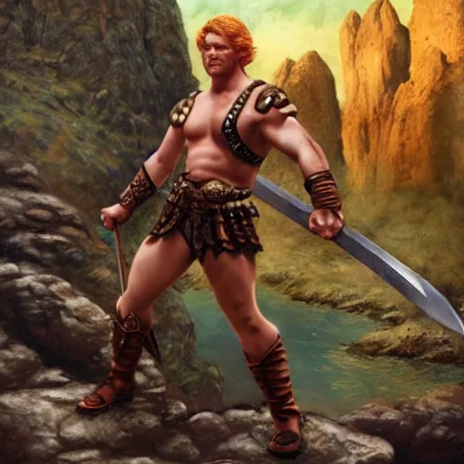 Prompt: character art, d&d, muscular fighter wearing leather chest plate with uncovered arms, ginger hair, great sword, feet standing in a rocky environment by john avon, matte painting by drew struzan and simon bisley, render