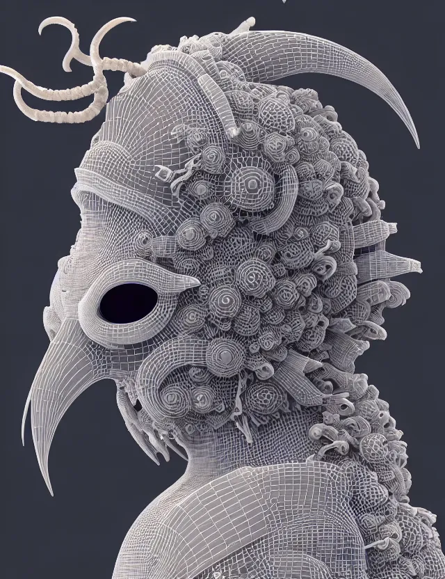 Image similar to 3 d goddess close - up profile portrait of cultist monk in hooded robe with ram skull. beautiful intricately detailed japanese crow kitsune mask and clasical japanese kimono. betta fish, jellyfish phoenix, bio luminescent, plasma, ice, water, wind, creature, artwork by tooth wu and wlop and beeple and greg rutkowski