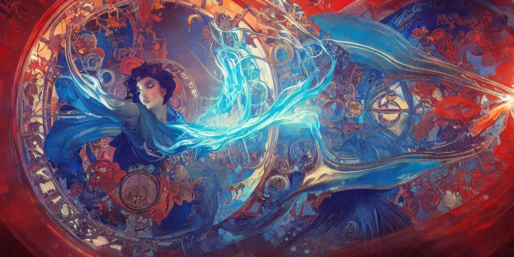 Image similar to arcs of blue flame intertwined with water, glinting particles of ice, dramatic lighting, steampunk, bright neon, holographic secret cyphers, red flowers, solar flares, intricate art by alphonse mucha and greg rutkowski