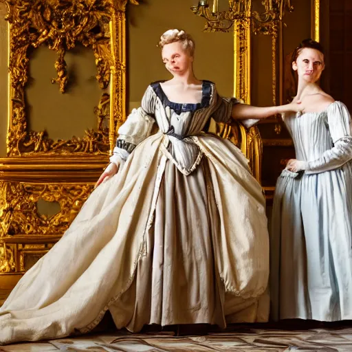 Image similar to two young attractive beautiful scandinavian women wearing an 1 8 th century dress in versailles, cinematic, 8 k hdr, detailed, hyperrealistic