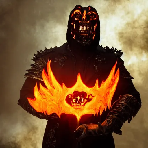 Prompt: ragnaros the firelord wielding burning skull as a mask, full body 8 k