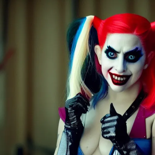 Image similar to Film still of Lady Gaga as Harley Quinn from Joker (2019)