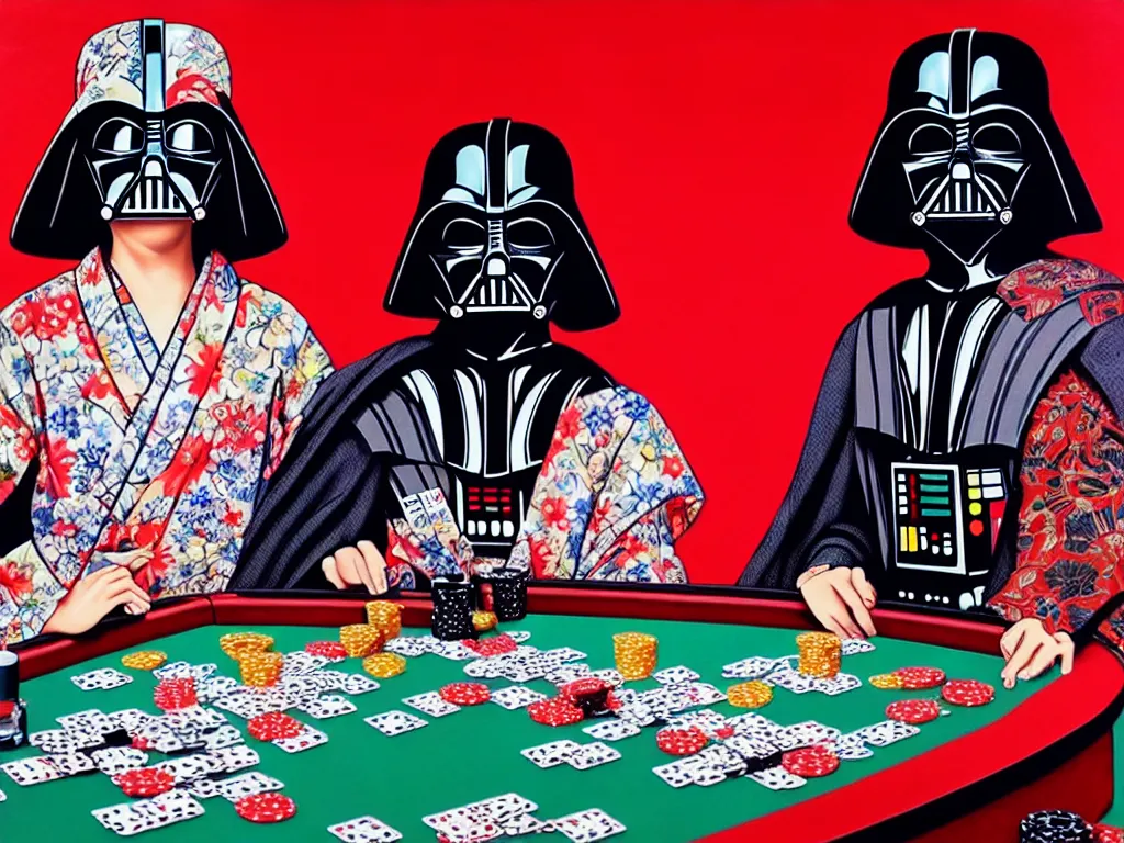 Image similar to hyperrealism composition of the detailed woman in a japanese kimono sitting at an extremely detailed poker table with darth vader, fireworks on the background, pop - art style, jacky tsai style, andy warhol style, acrylic on canvas