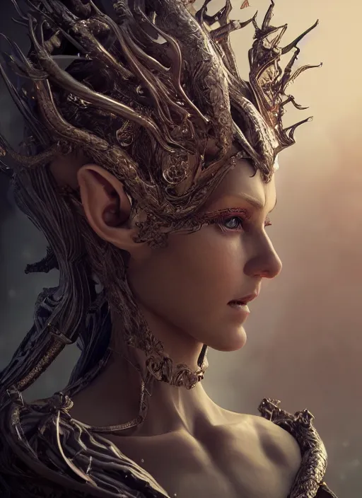 Image similar to stunning biomechanical impish elven incredible hair, masterpiece crystalline incrustations, hyperdetailed face, elegant pose, movie still, intricate, octane render, cinematic lighting, cgsociety, unreal engine,