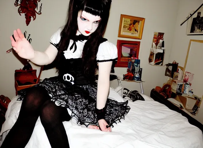 Image similar to goth girl in a maid outfit, cluttered bedroom, 2 0 0 6